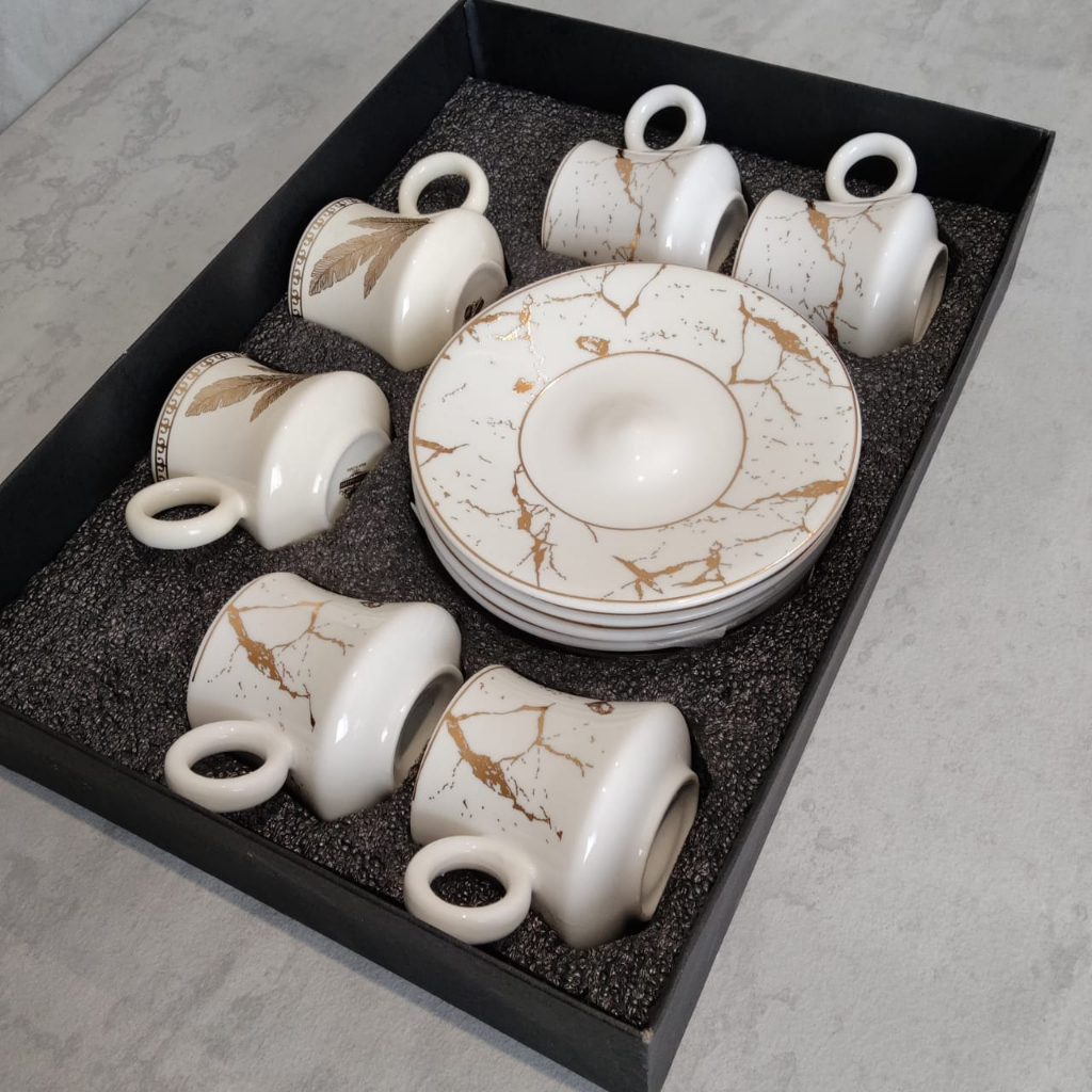 Set Mug & Saucer Mini Motif White Marble & Gold Leaves | 6 Pair