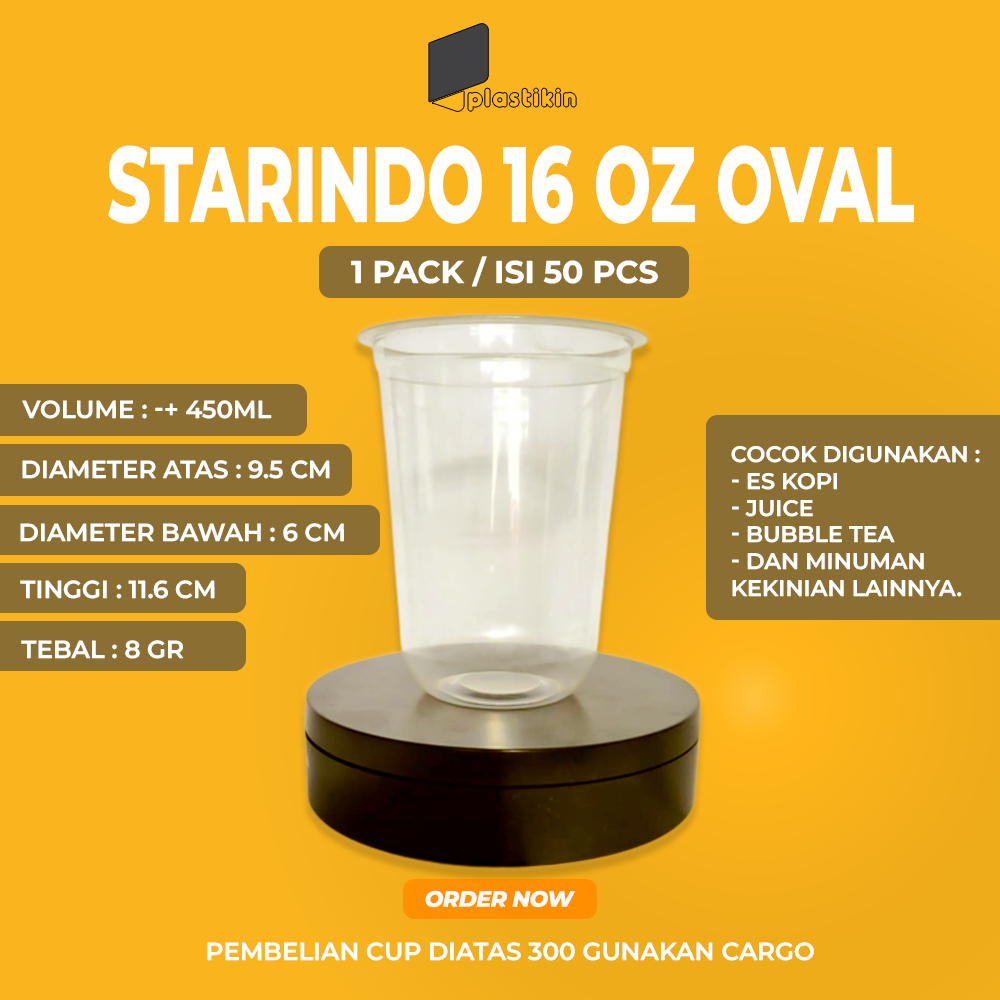 Gelas plastik oval 16 oz 8gr / Starindo 16 oz Oval 8gr / Cup plastik Oval bening 16oz