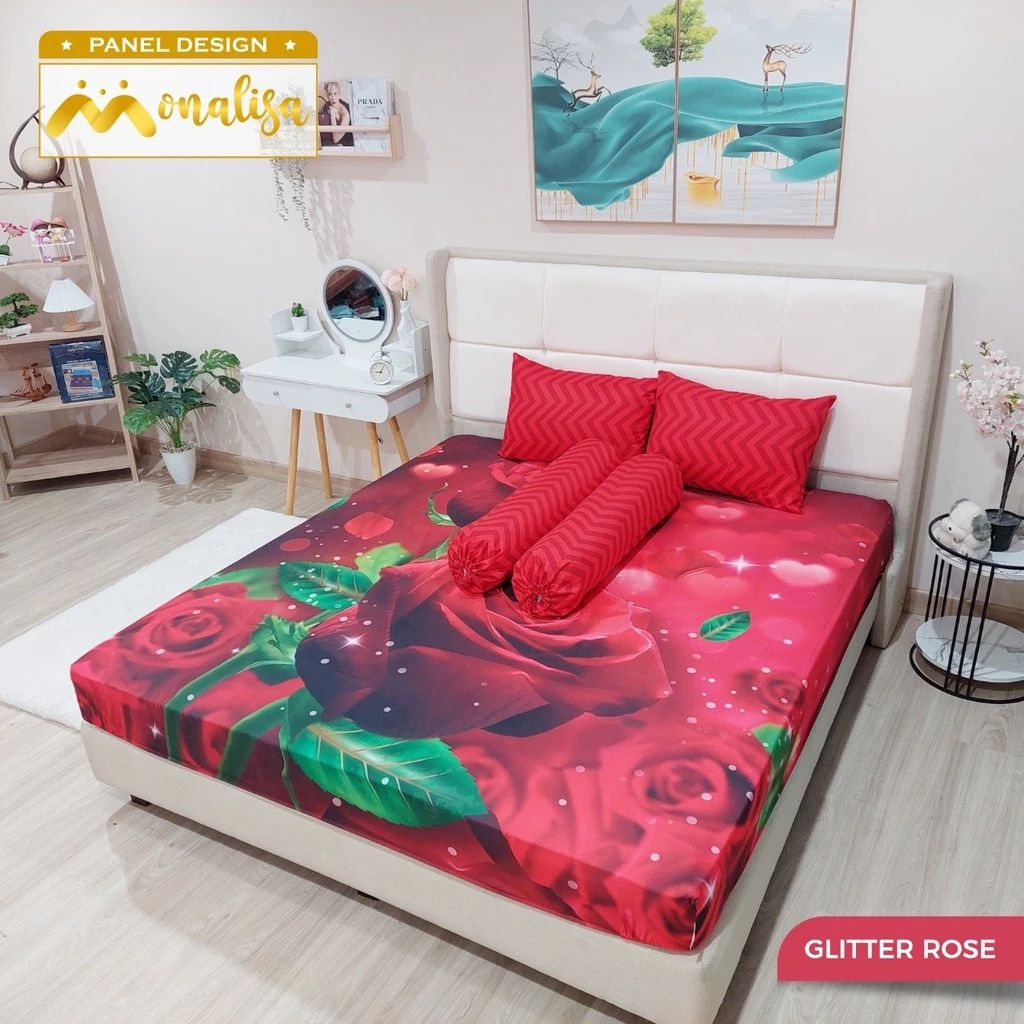 MONALISA - SPREI PREMIUM PANEL SET 90/100/120/140/160/180 MOTIF BUNGA ROSE FLOWER MAWAR MERAH GLITTE