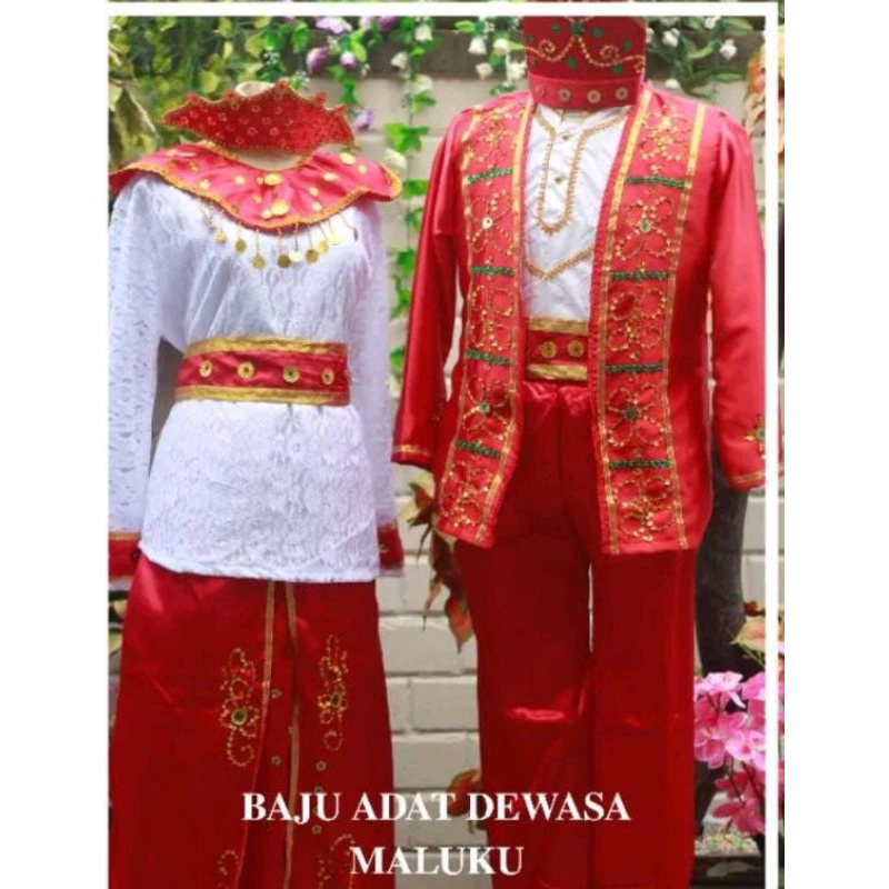 Setelan Pakaian Adat Maluku Satuan Pria Wanita Bahan Satin Brukat Ukuran S-XXL