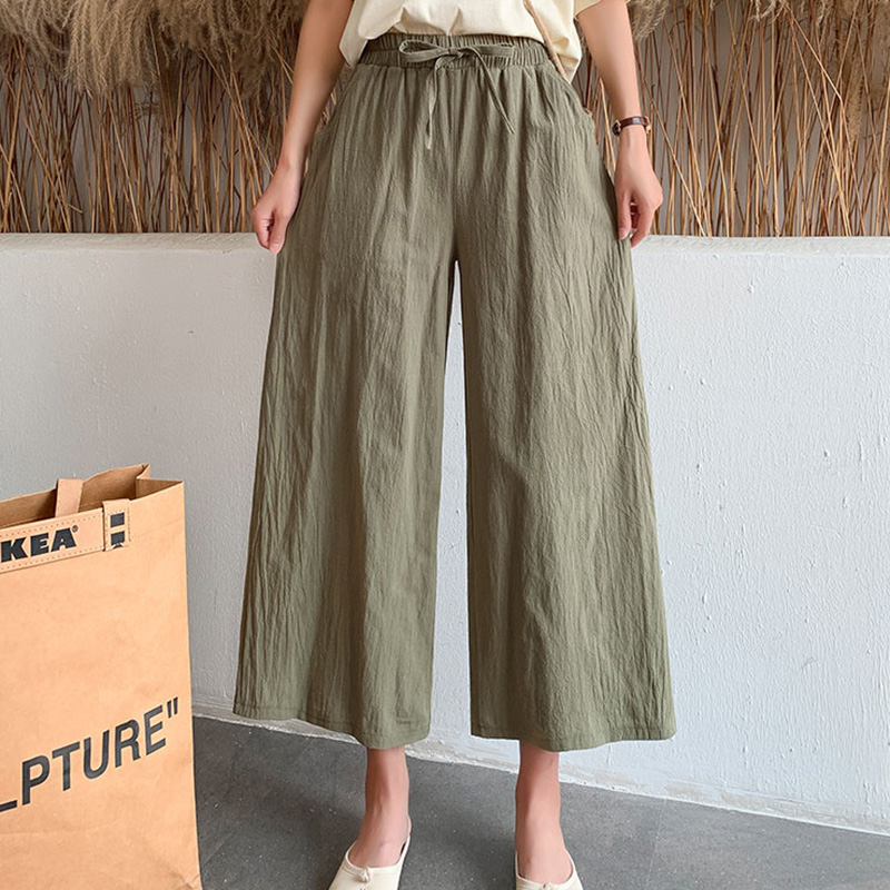 Newlan CK009-2 High Waist Celana linen kasual berpinggang tinggi dengan kaki lebar Celana Linen Kulo