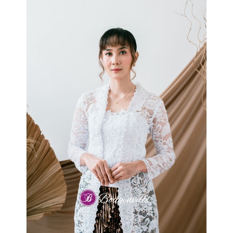 Kebaya Akad Bougenville Kutu Baru Putih Panjang (Kebaya dan Longtorso)