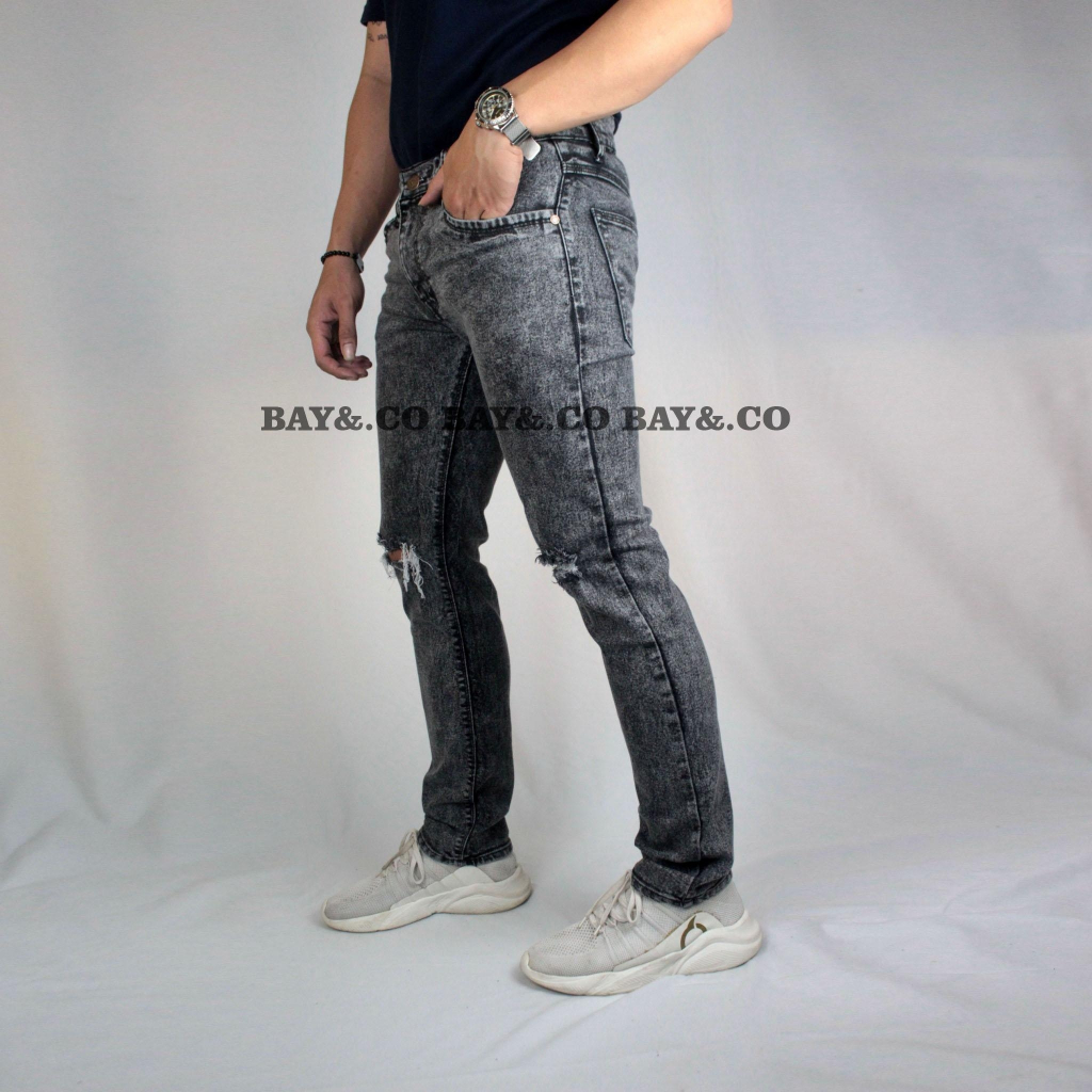 CELANA DENIM PANJANG PRIA SKINY SOBEK LUTUT SIMPLE/CELANA JEANS COWOK SANDWASH ORIGINAL FIFTEEN DENI