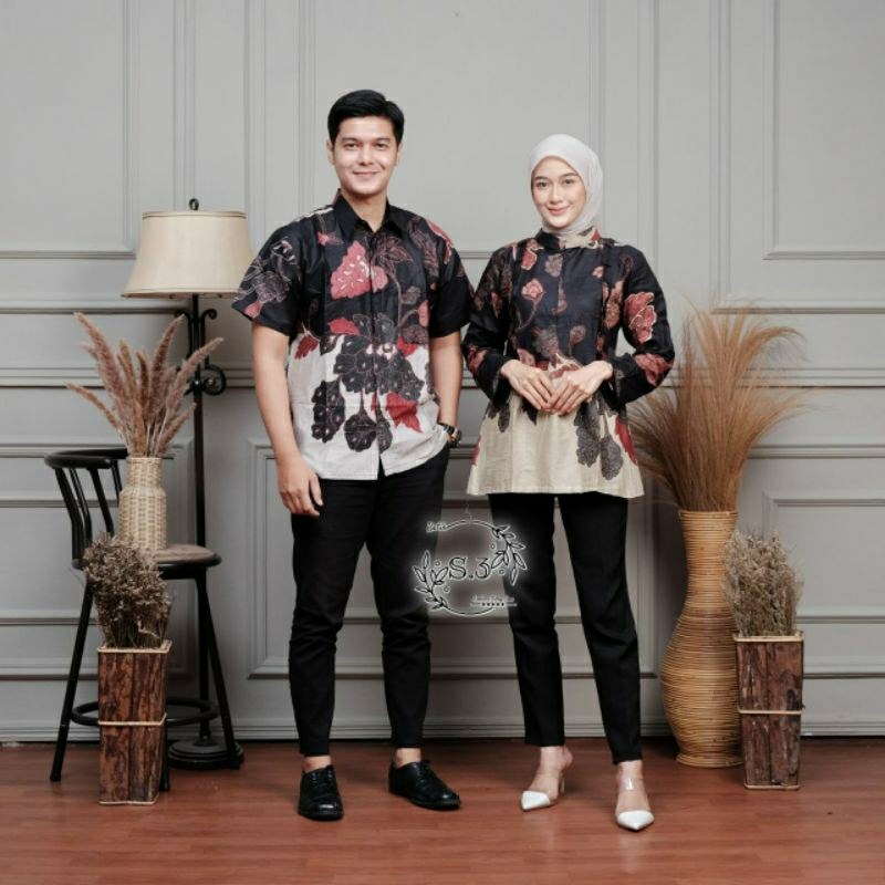 Runggal Couple Atasan Wanita Blouse Hem | Batik Pria Hem | Batik Blouse Wanita Lengan Panjang Modern