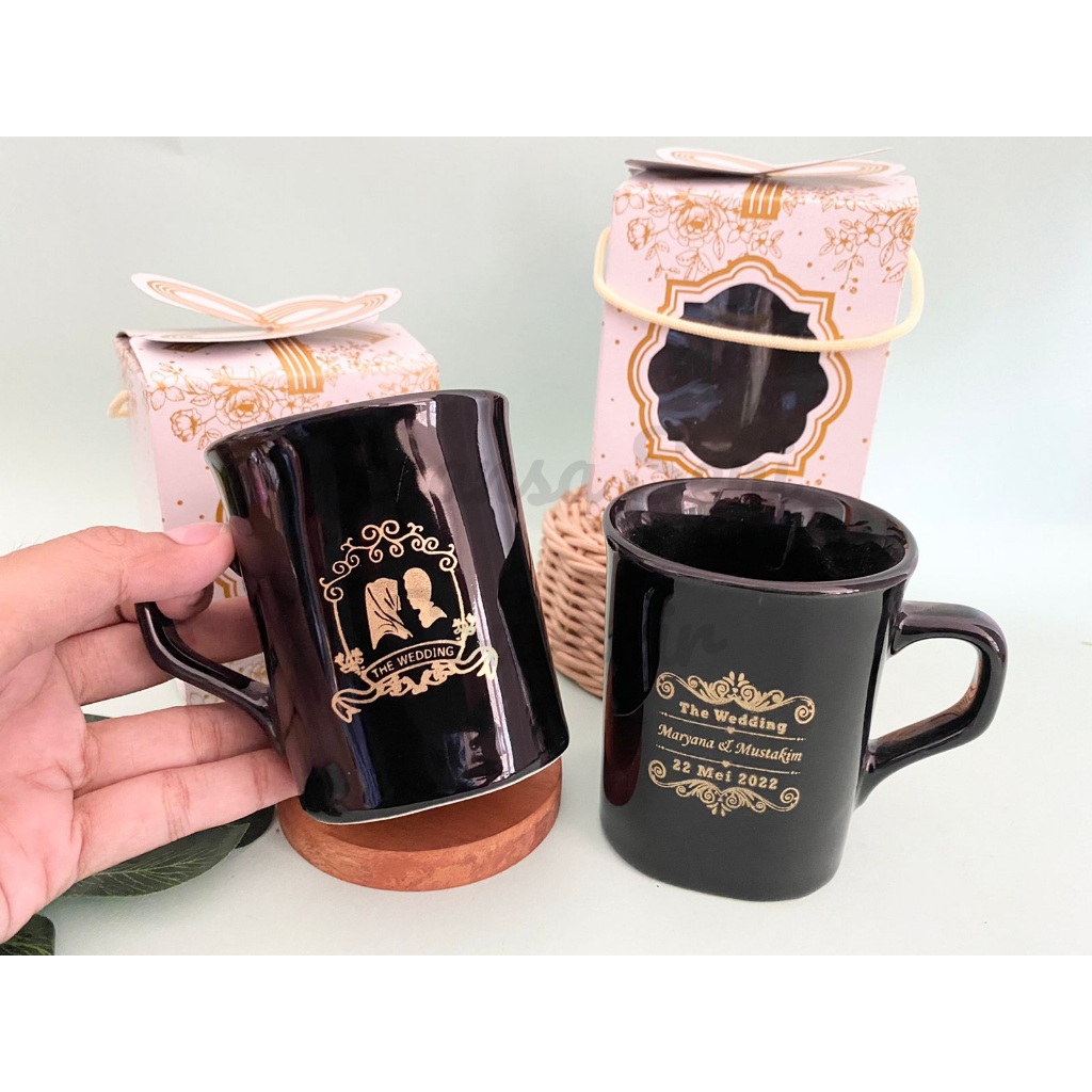 Souvenir Gelas Mug Kopi Cangkir Nescafe Cappucino Cup Keramik Gagang Warna Sablon Kemas Paper Box