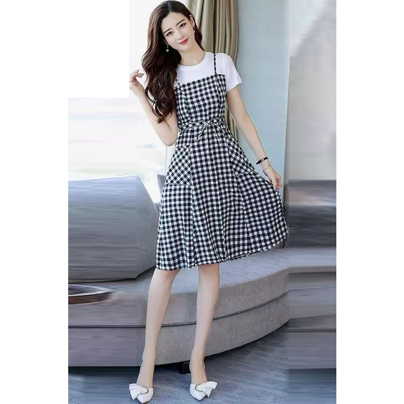 FEMMESHOPA- WANITA TERBARU Dress Wanita Motif Katun Model Overall Tali Serut Pinggang Saku Samping U