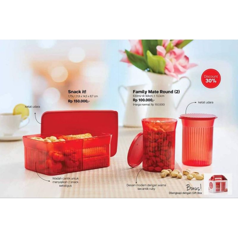 Family Mate Round/ Snack it Merah Tupperware