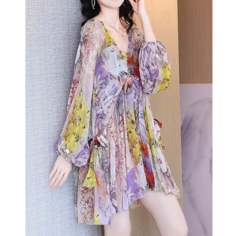 6379 (Set Dres TANKTOP) Baju minidress  RUFFLE VNECK LOOSE DRESS lengan panjang dres Korea Korean st