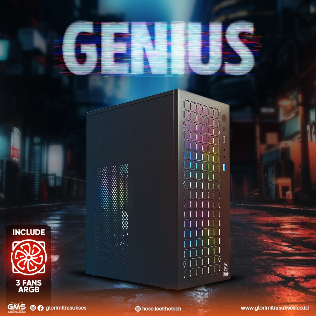HOSE GENIUS CASING PC GAMING + 2 FAN ARGB + PSU
