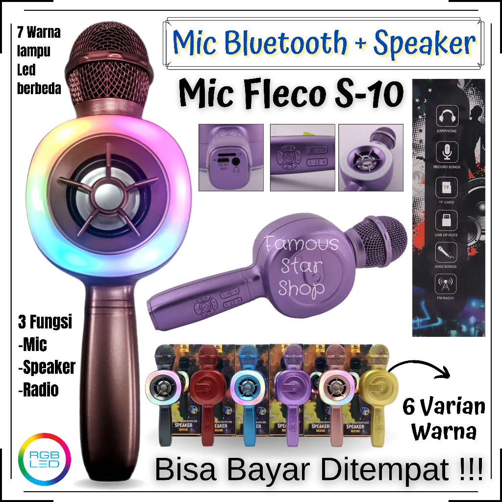 Fleco S-10 Speaker Karaoke Microphone Extra Bass Bluetooth Mic Multimedia ~ Mic Karaoke Bluetooth Po