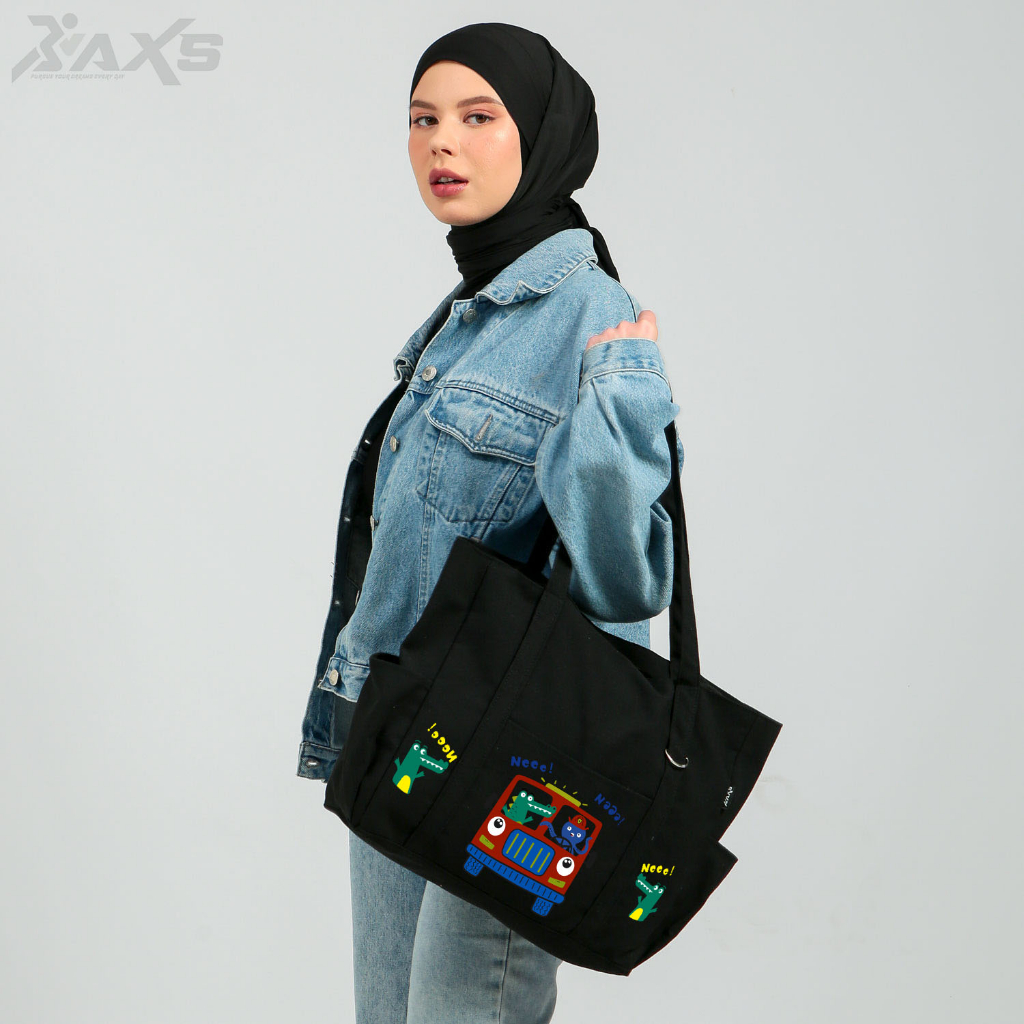 Totebag Kantong Kanvas Black Tebal Kapasitas Besar Dengan Penutup Restleting New Arrival Design Cute