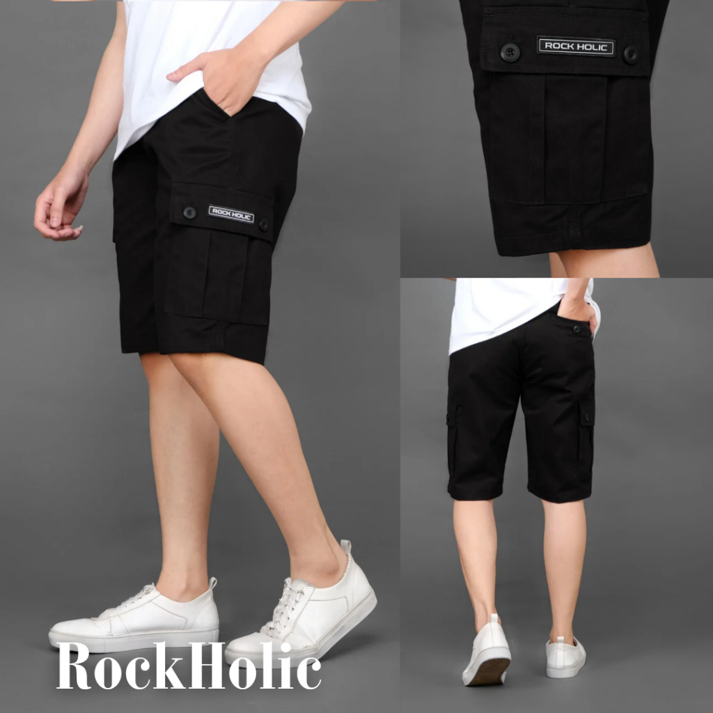 ROCKHOLIC CELANA CARGO PENDEK HITAM PRIA / CELANA PENDEK CARGO HITAM / CELANA PENDEK HITAM PRIA