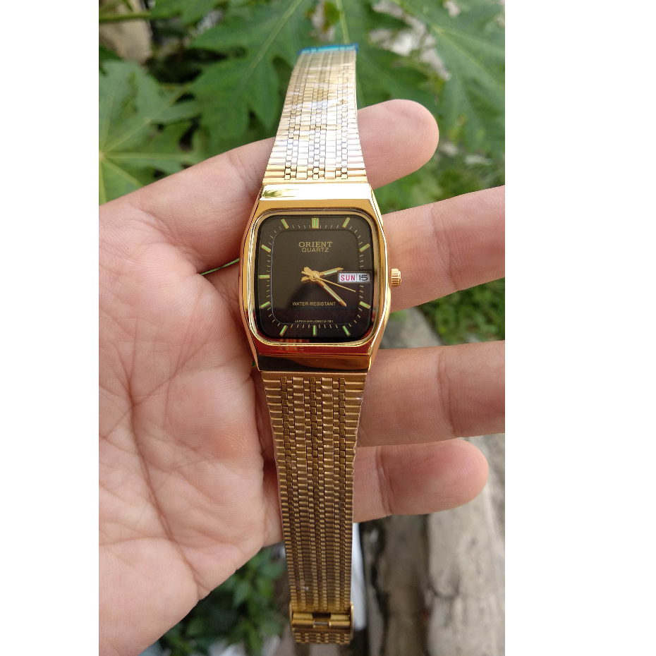 jam tangan pria orient quartz stainles steel gold dial hitam anti karat fashion elegant dan klasik