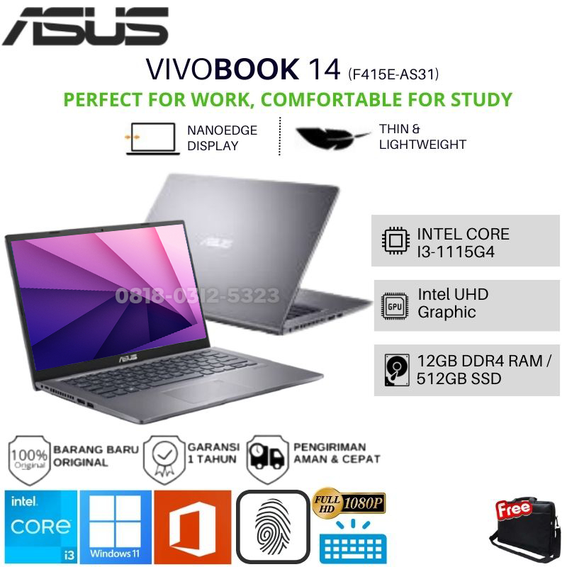 LAPTOP ASUS VIVOBOOK F415EA INTEL CORE I3 1115G4 RAM 12GB 512GB SSD FHD IPS BACKLIT WINDOWS 11 GREY