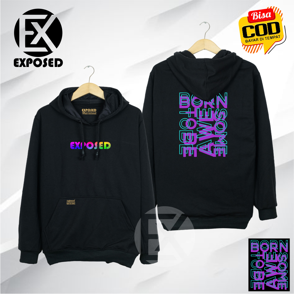 Jacket Hoodie EXPOSED Pria Wanita Sablon Depan Belakang Gambar Tulisan AWESOME Warna Hitam Terbaru 2