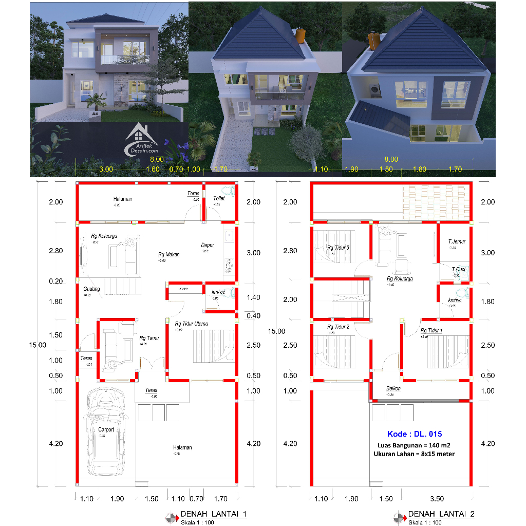 Desain Rumah Minimalis Modern 2 Lantai Lahan Ukuran 8x15 Meter Cantik