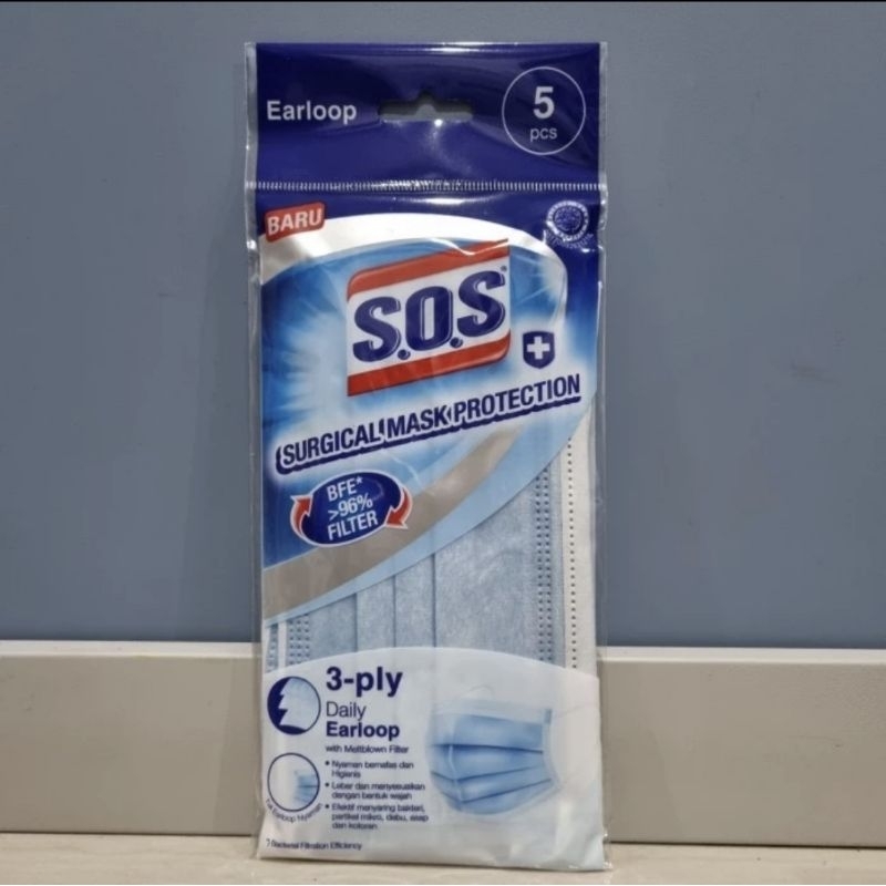 SOS surgical earloop mask 3ply masker kesehatan sachet pack isi 5pcs