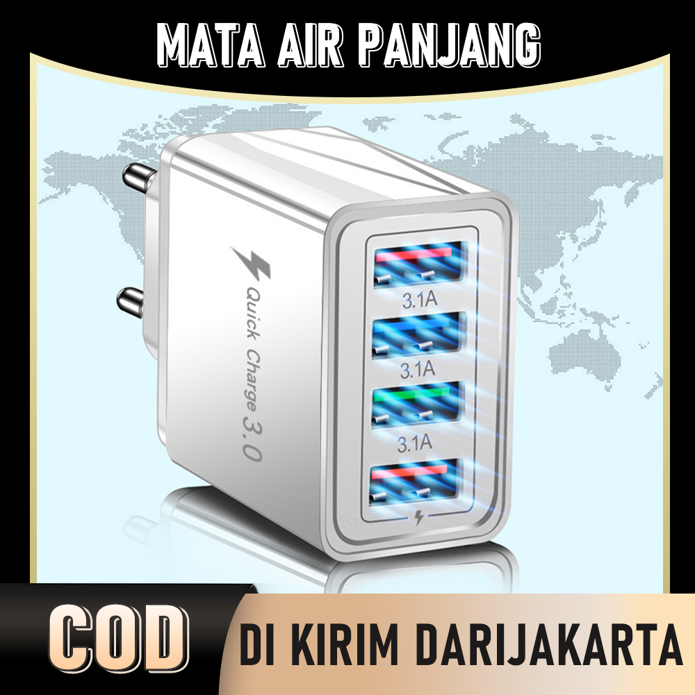 Charger Fast Charging Adapter 4 Port 3.1A Colokan Listrik Multifungsi Charger+Lampu LED USB