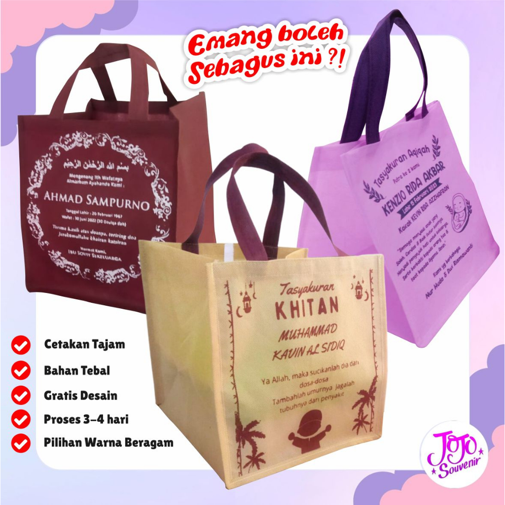 Sovenir Tas Sablon Custom Nasi Kotak Tasyakuran  Khitanan Aqiqah Murah / Tas Berkat hajatan Sablon /