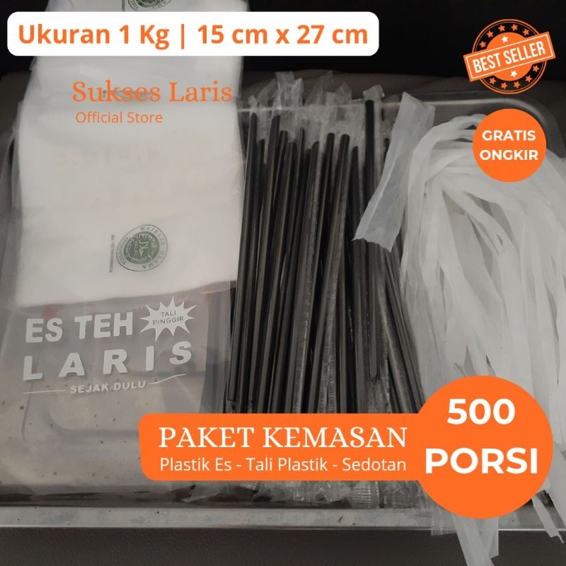 PAKET KEMASAN 1 KG SABLON "ES TEH LARIS" 500 PORSI 15 X 27 CM / Plastik Es Teh / Sedotan / Tali Ping