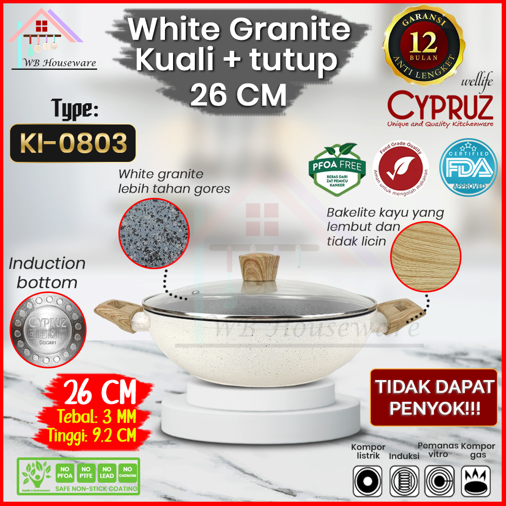 CYPRUZ Wok 26cm white granite series anti lengket / wajan panci masak kuali penggorengan tebal bisa 
