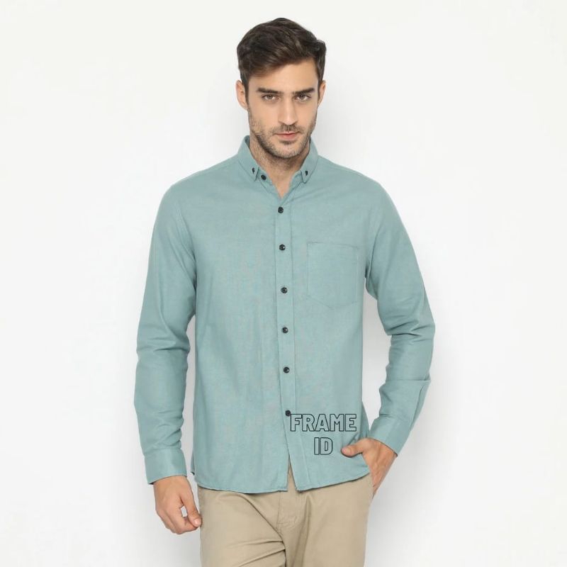 Kemeja Pria Lengan Panjang Polos Casual Warna Biru Tosca