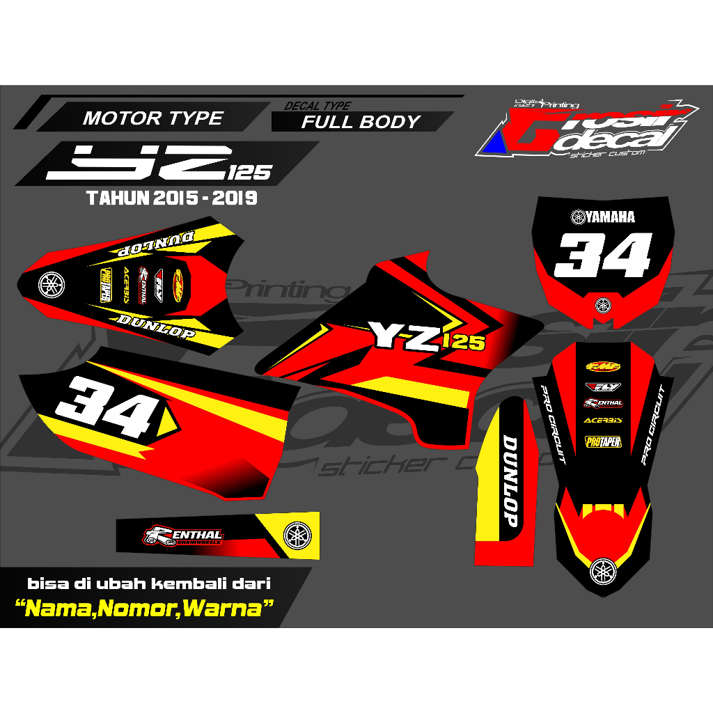 DECAL YAMAHA YZ 125/250 2015 - 2019 FULL BODY FREE CUSTOM STIKER YAMAHA YZ 125/250 FULLBODY