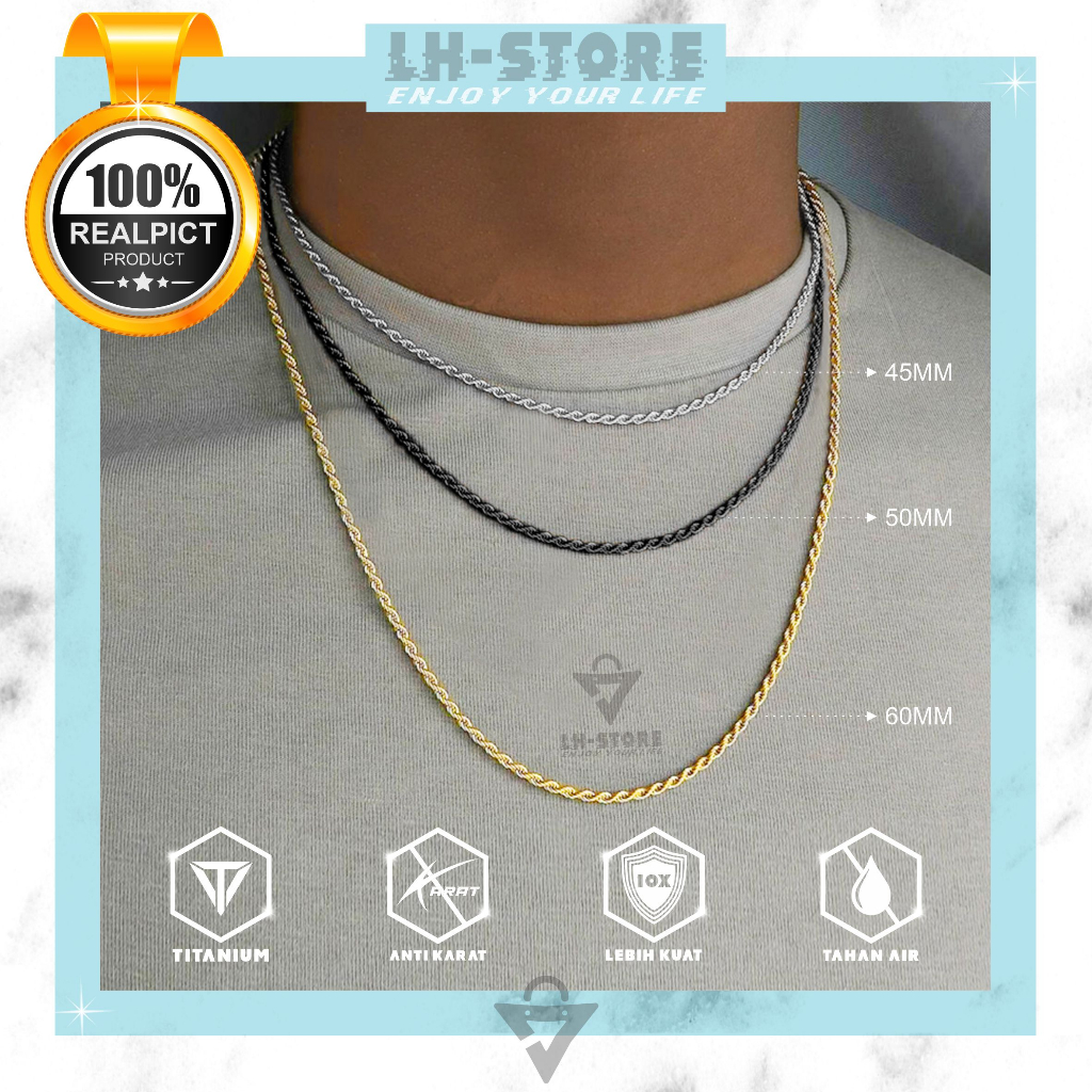 Kalung Titanium Pria Wanita Model Rantai Tambang Berlapis Emas Perak Anti Karat Dan Tidak Luntur
