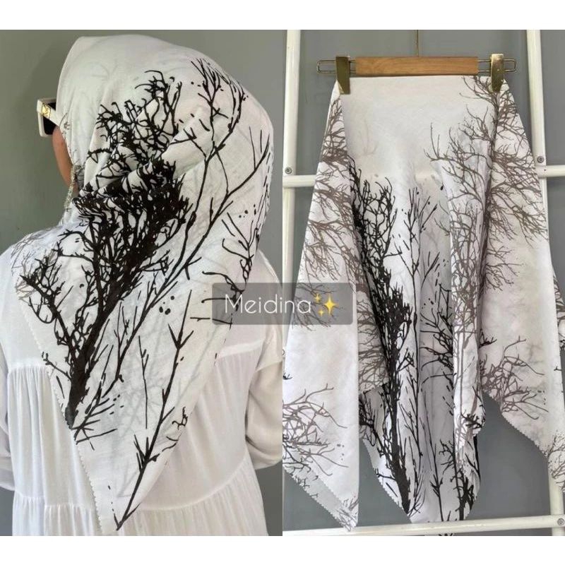 HIJAB Voal Motif Premium Jilbab Segi Empat Motif AKAR PUTIH
