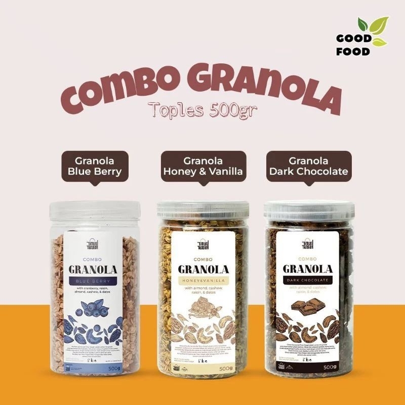 

Combo Granola Blue Berry/Dark Cokelat/ Vanilla plus cranberry raisin almond cashew Dates Sereal makanan Sehat 500gram