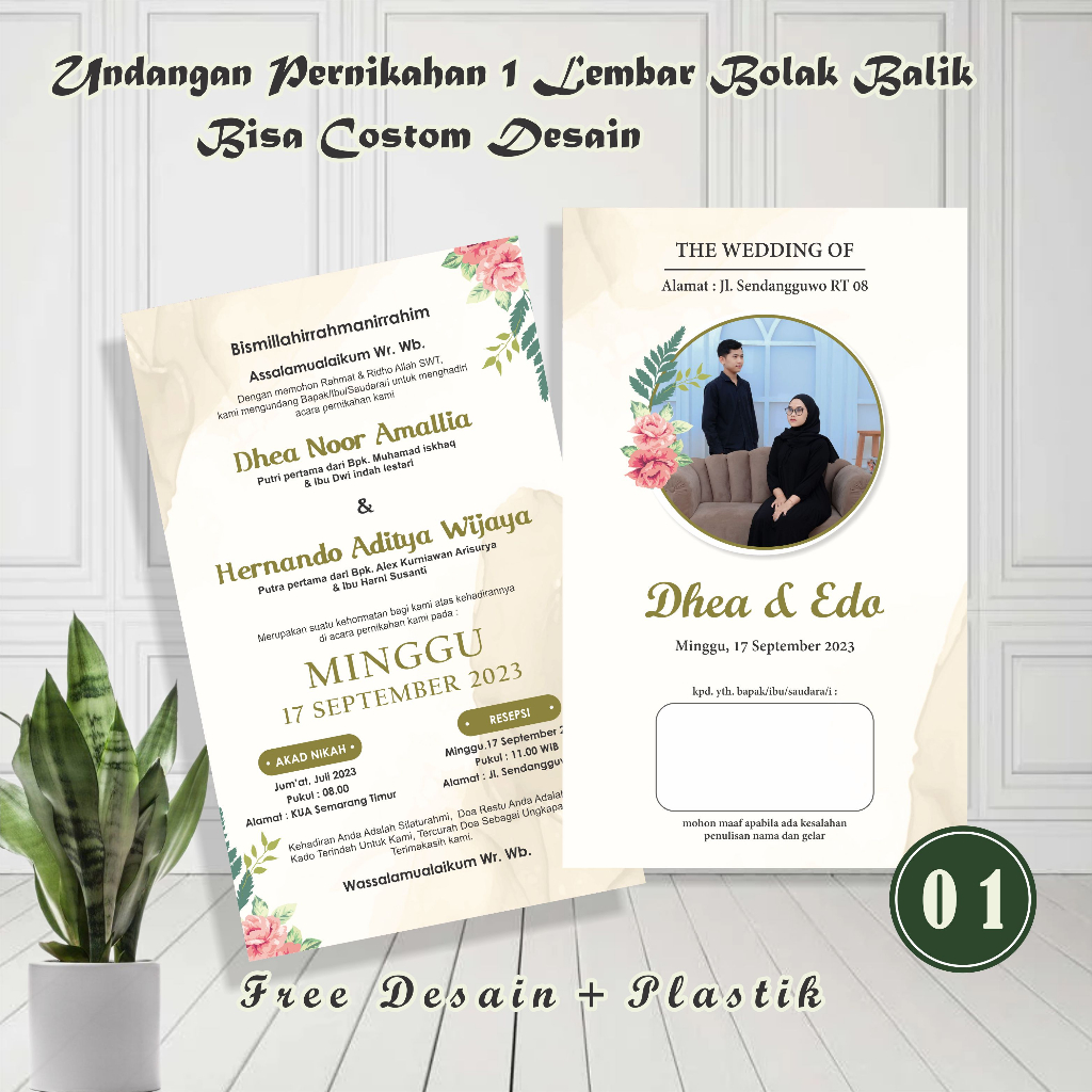 Undangan Pernikahan 1 lembar bolak balik proses cepat tanpa PO FREE DESAIN + PLASTIK UKURAN (12X20 C