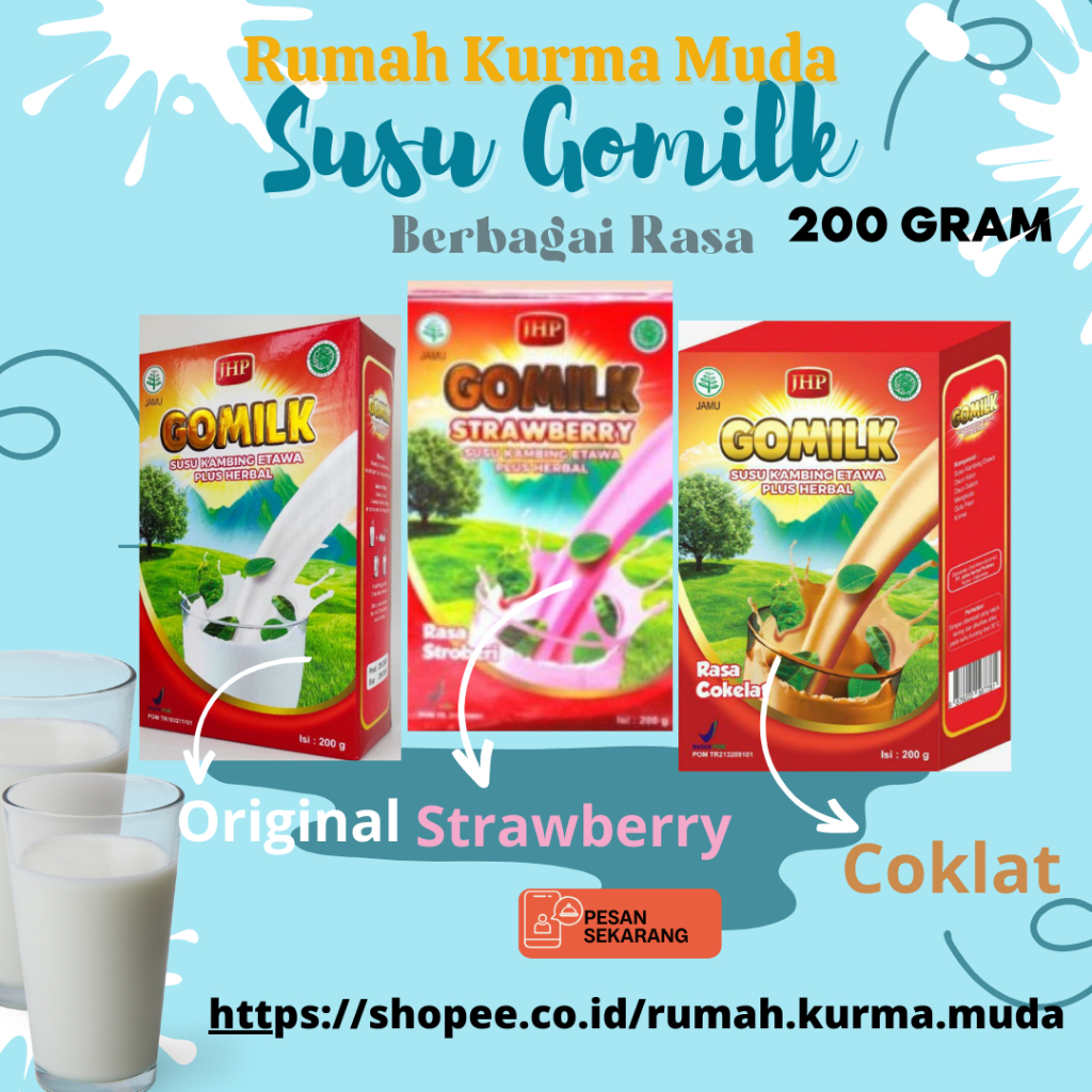 

RumahKurmaMuda - Susu Kambing Gomilk | Susu Kambing Etawa Gomilk Box 200gram Plus Daun Kelor Dan Herbal BPOM Halal Pengganti Susu Formula Gomilku