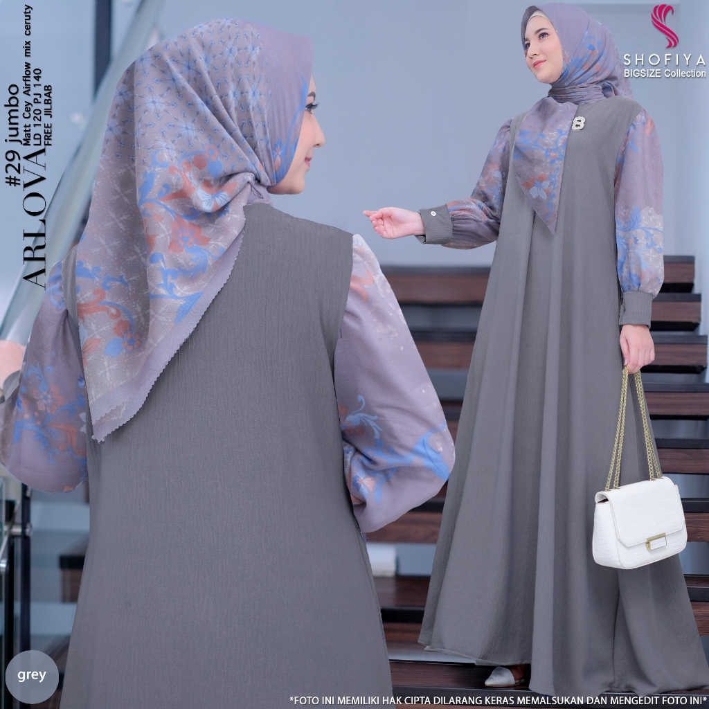 arlova29-grey dress jumbo ld 120 pakaian baju gamis syari gaun long dres longdress maxi maxy xxl one