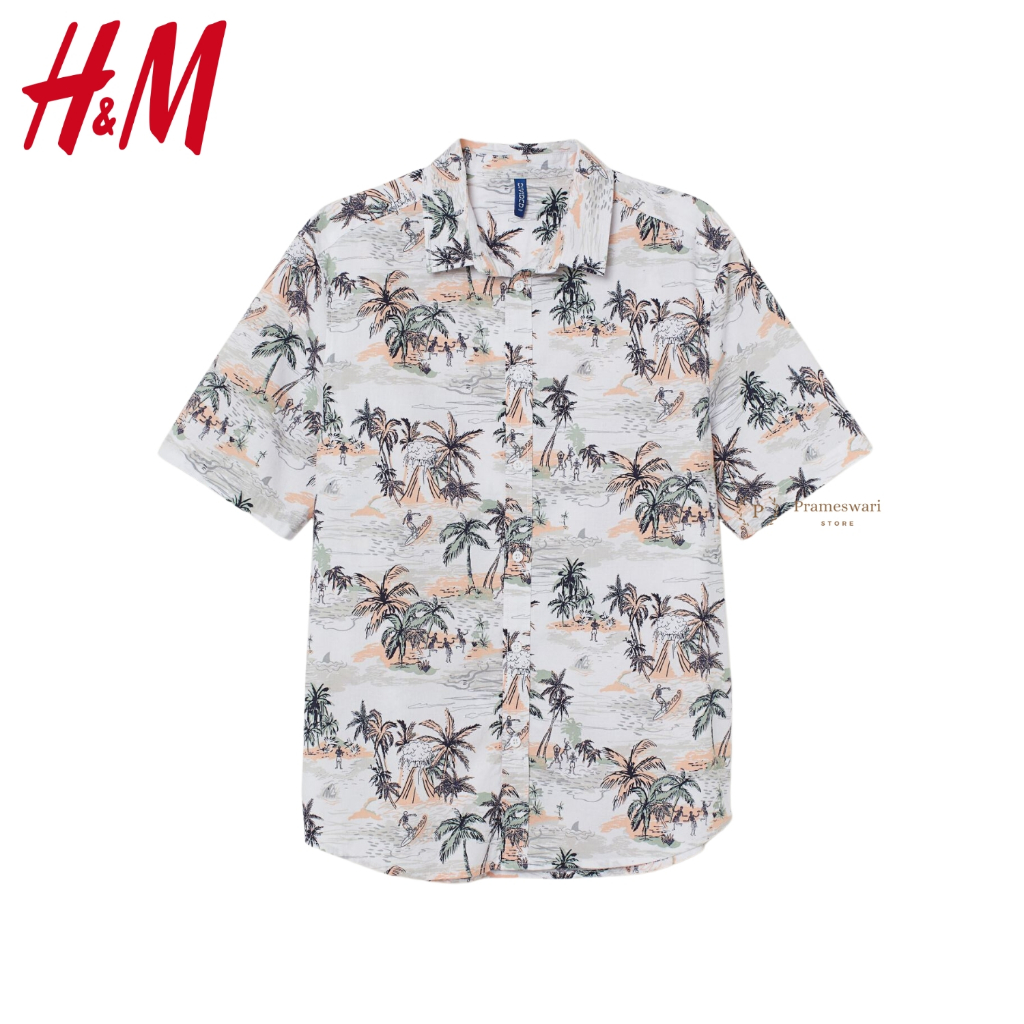 H&M Divided Patterned Cotton Shirt White / Multicoloured Kemeja Pantai Pria Katun Putih Pohon Kelapa