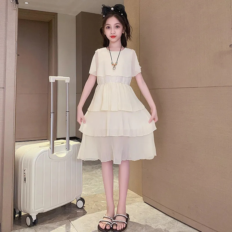 Midi Dress Anak Rempel Susun Lengan Pendek Angel Bahan Sifon Ceruty Babydoll Polos Usia 2 – 12 Tahun