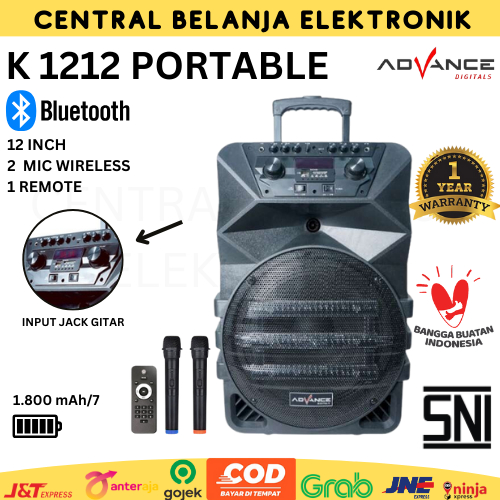 SPEAKER AKTIF PORTABLE BLUETHOOTH 12 INCH BONUS 2 MIC WIRELESS K1212 K1212A K1212N K1212E | ADVANCE