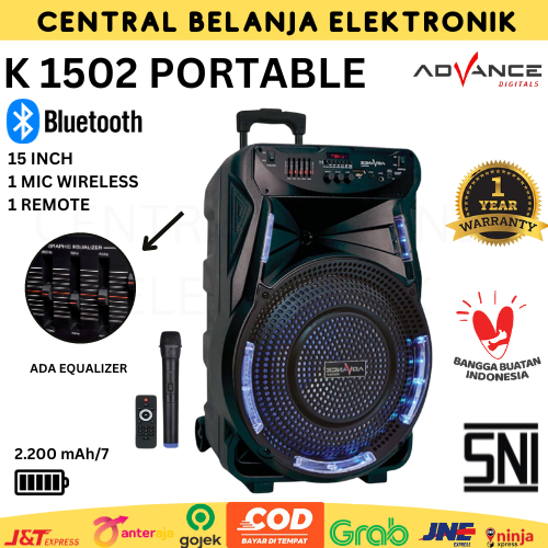 ADVANCE SPEAKER AKTIF PORTABLE BLUETHOOTH 15 INCH K1502 BONUS 1MIC WIRELESS