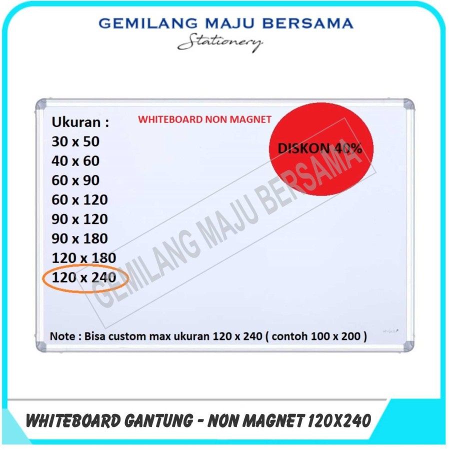 WHITEBOARD / PAPAN TULIS GANTUNG 120CM x 240CM (NON MAGNET)