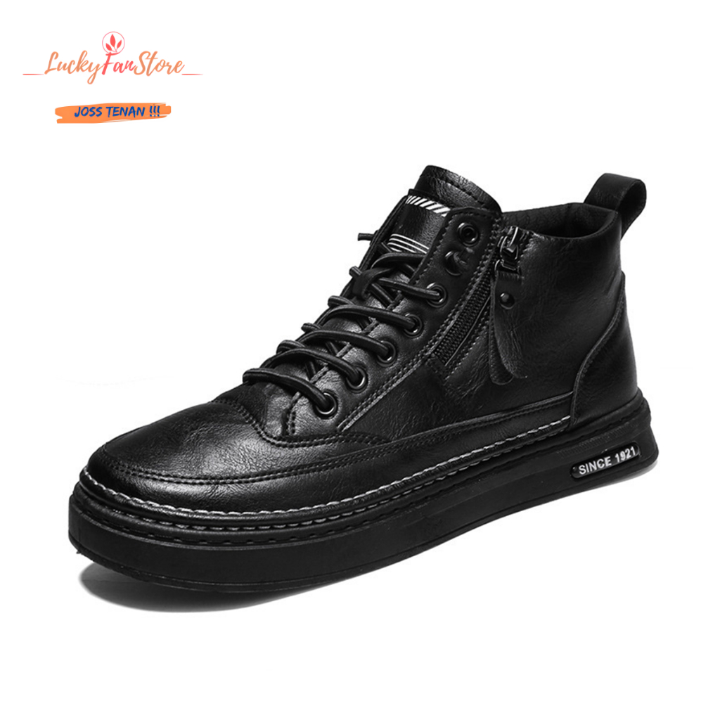 Luckyfanstore Sneakers Boots Leipzig Hitam Cokelat Zipper - D24