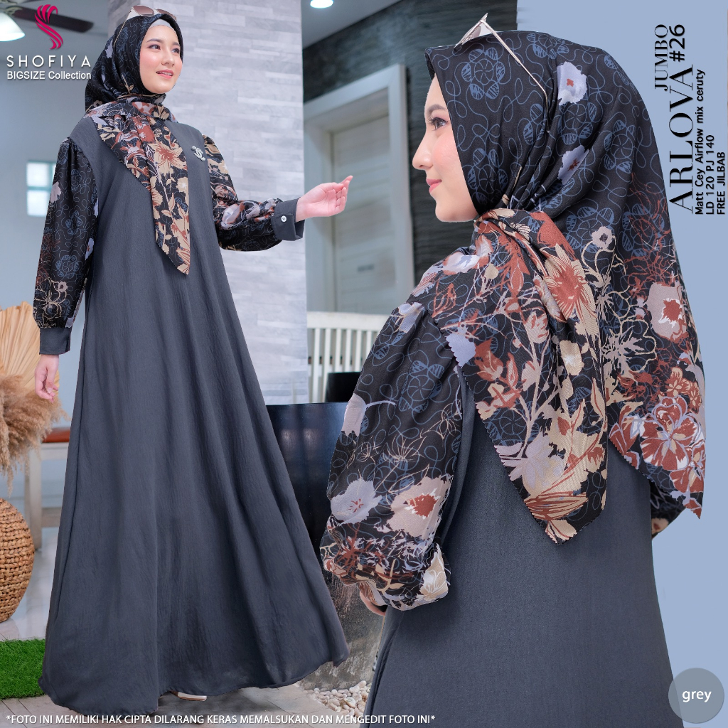 arlova26-grey dress jumbo ld 120 pakaian baju gamis syari gaun long dres longdress maxi maxy xxl one