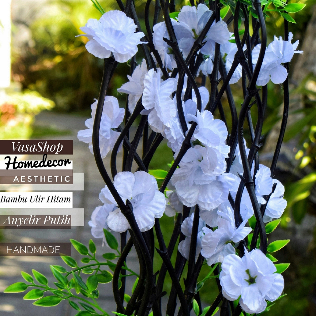 Perlengkapan Rumah Bunga Dekorasi hias plastik 20 Btg Bambu Ulir Hitam Anyelir Putih 190cm (Tanpa Po