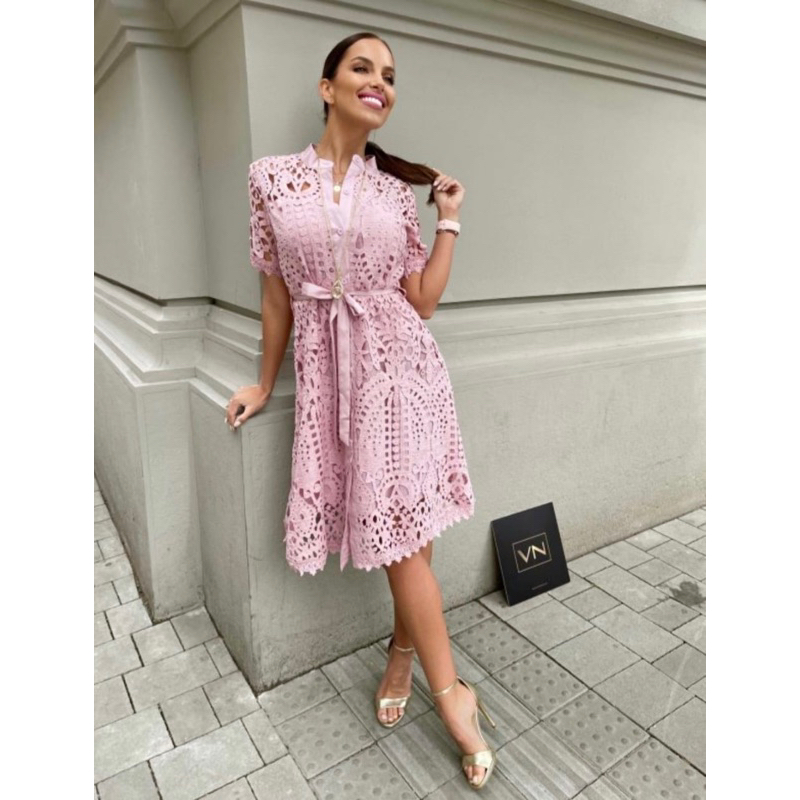 DRESS PESTA WANITA CASUAL ELEGANT KATBOL KATUN BOLONG BROKAT LACE LENGAN PENDEK IMPORT MEWAH