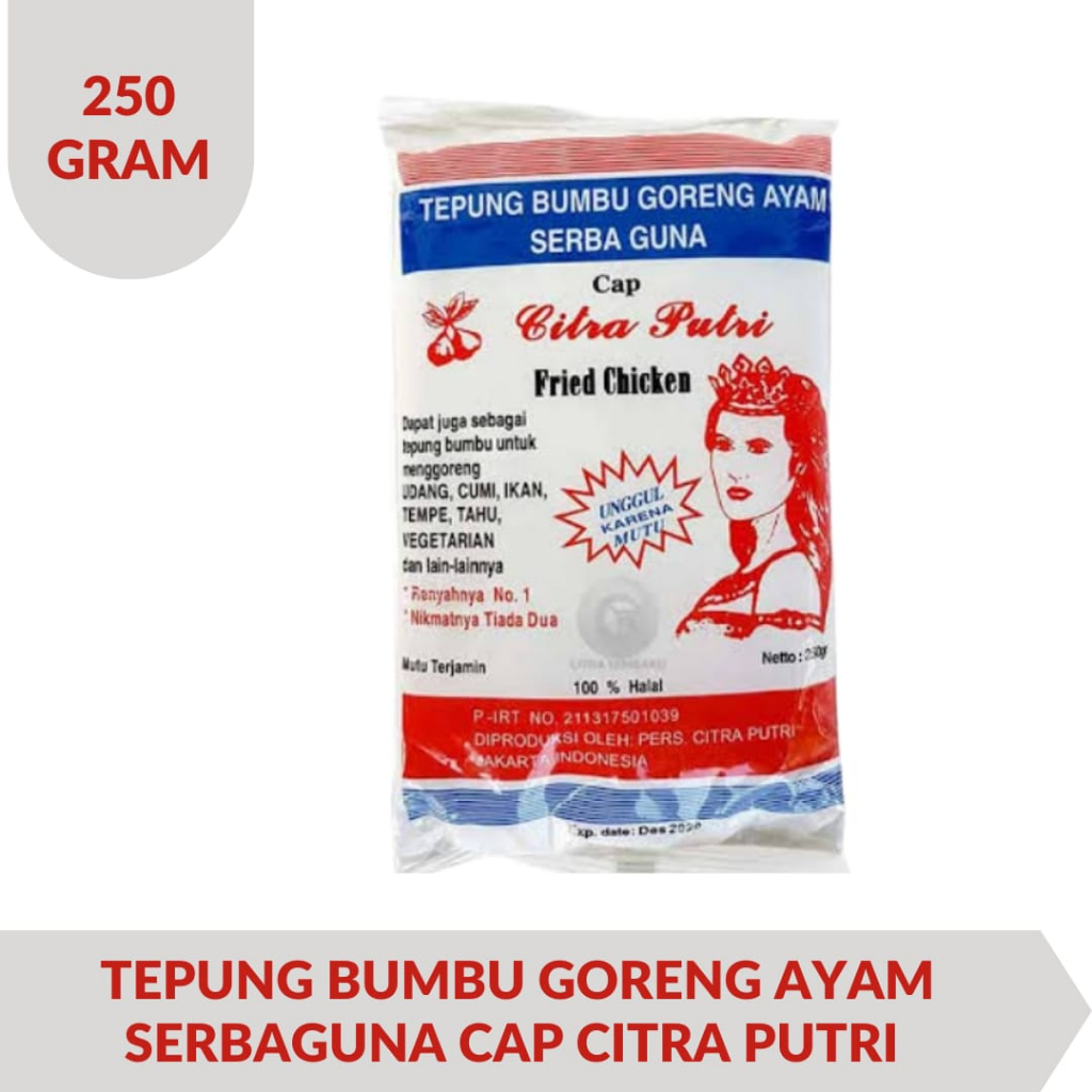

Tepung Bumbu Goreng Ayam Serbaguna Cap Citra Putri 250 Gram