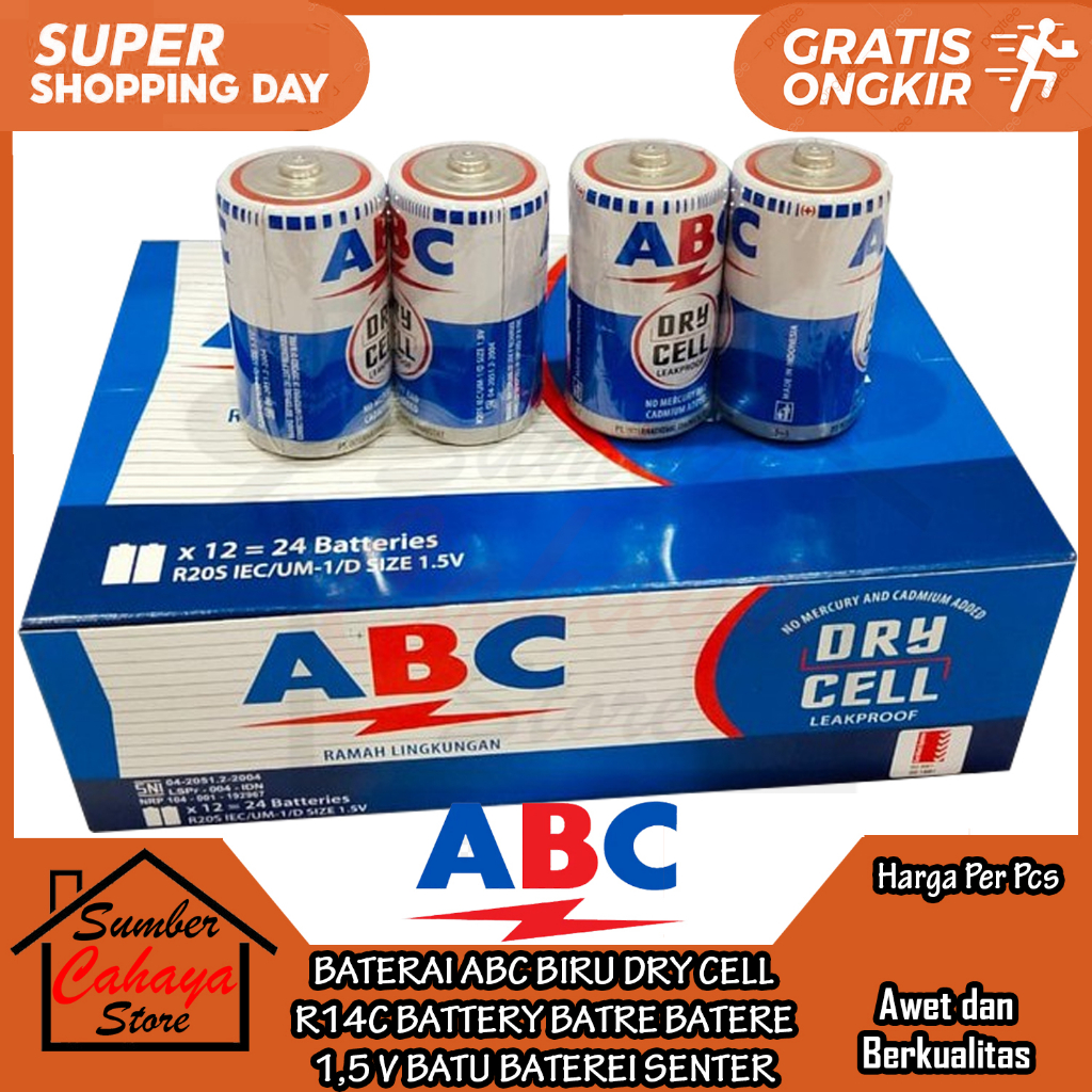 BATERAI ABC BIRU DRY CELL R14C 1,5 V VOLT ISI 1 PCS BATTERY ABCE TANGGUNG BESAR BATTERY MAINAN MP3 B