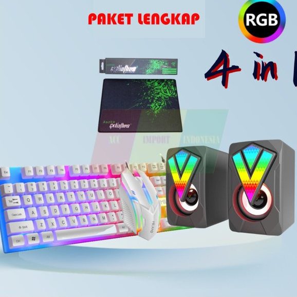 Andar Paket Keyboard Mouse Speaker Mousepad Gaming PC Laptop LED RGB Wired - Putih