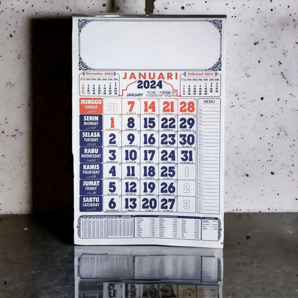 Kalender Dinding Gantung Tembok Lengkap Tahun 2024 Lengkap Jadwal Sholat Bahan HVS 32x48cm Polos