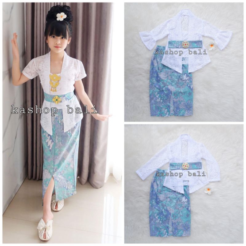 SET KEBAYA ANAK PUTIH - BATIK TOSCA MINT (BROKAT)