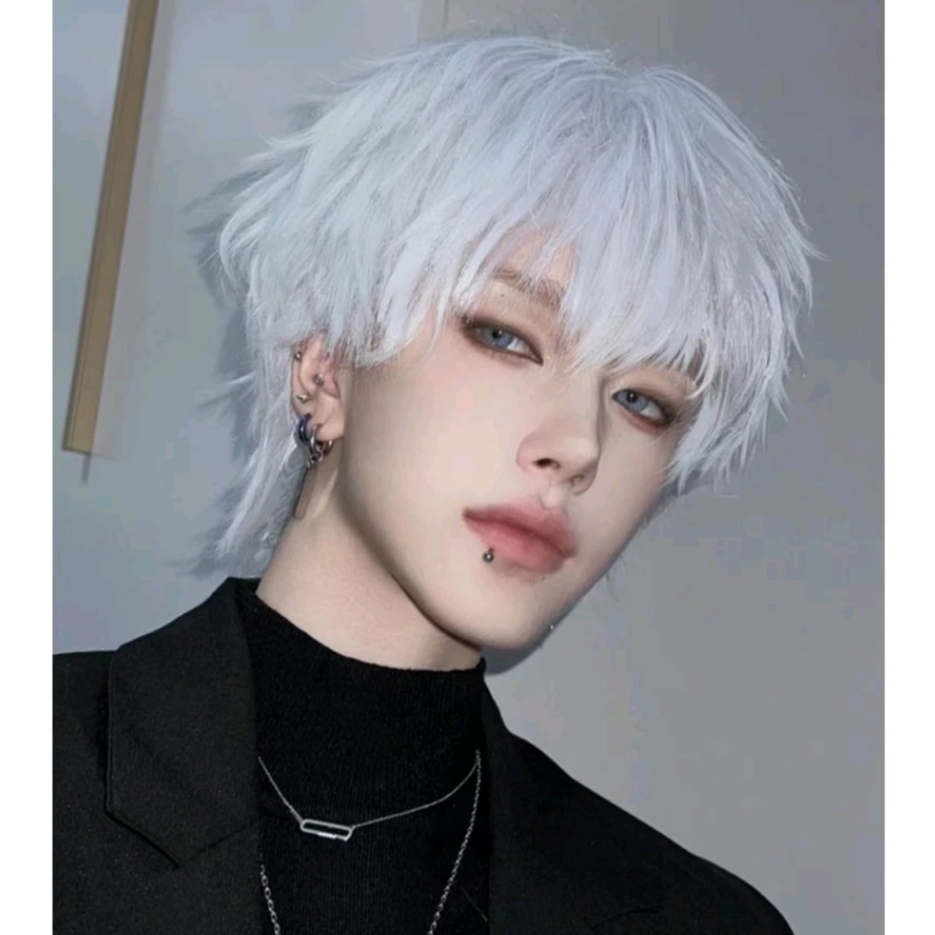 Wig Sintetis Rambut Lurus Pendek Wig Anime Cosplay Warna Putih Natural