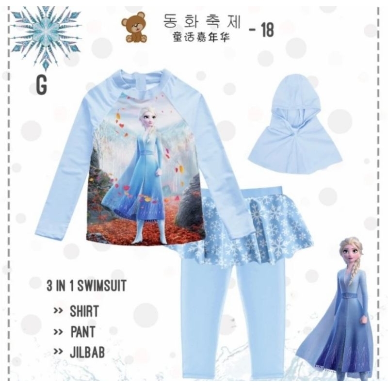 Baju Renang Muslim Setelan Renang Panjang Frozen Elsa Ana  Free Jilbab