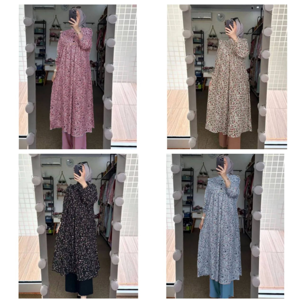 Setelan Tunik Midi Dress One Set Long Kulot Ceruty Babydoll Premium Busui Friendly Terbaru Motif Flo